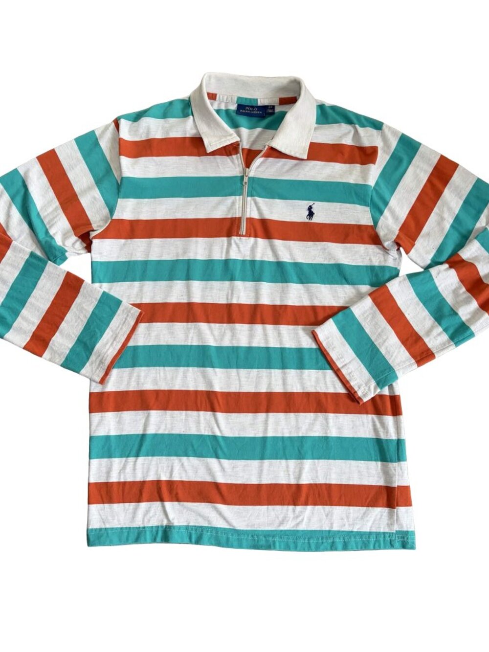 Polo Ralph Lauren Rugby Shirt XL Quarter Zip Striped Orange Teal Long Sleeve